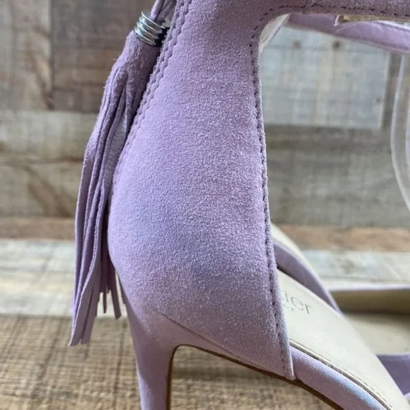 Botkier New York Purple Suede Leather Tassel Slingback Heel Womens 8 Peep Toe - Picture 2 of 16